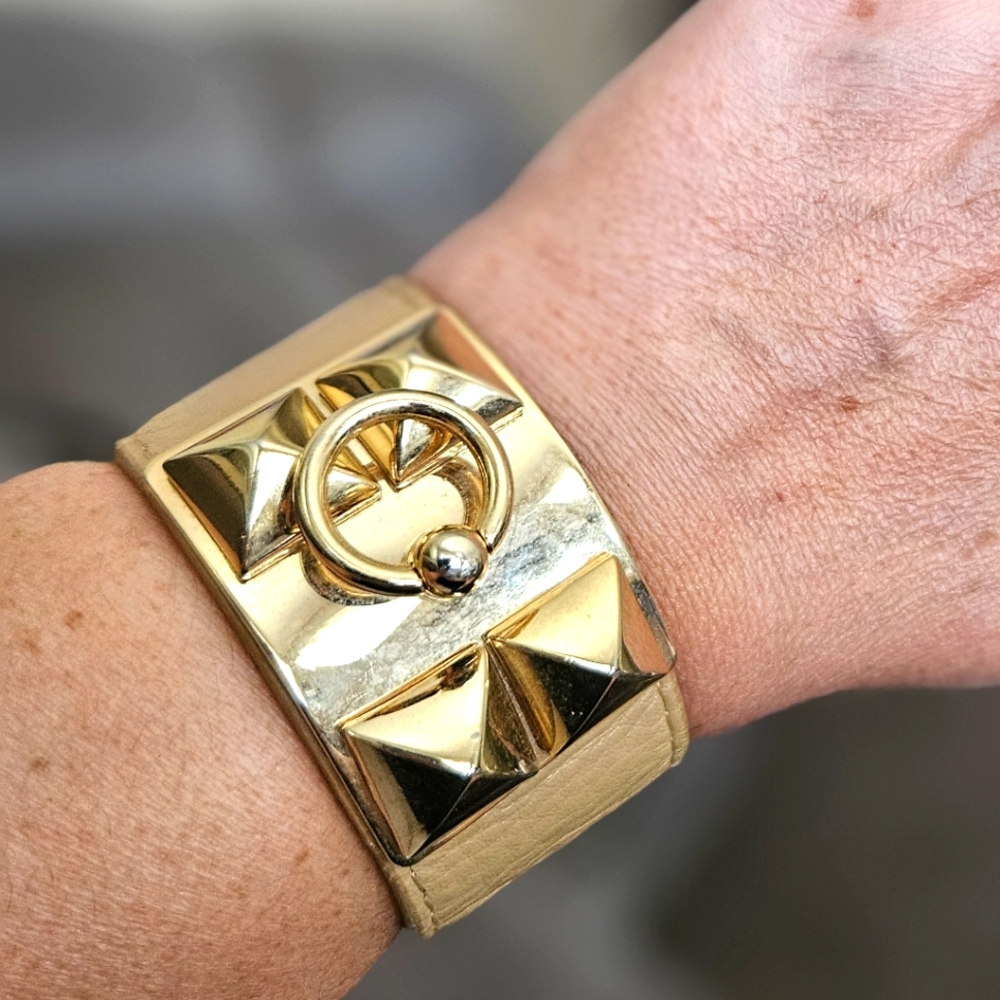 Gold-studded leather cuff bracelet
